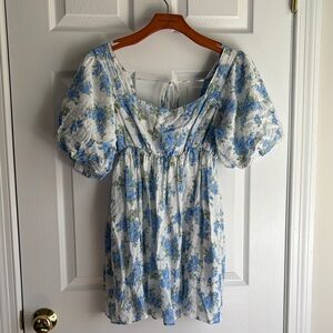 Women's White Dress with Blue Floral Print and Puff Sleeves